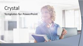  Presentation with files - Slide deck with businesswoman having coffee while holding files in creative office background and a white colored foreground