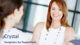  Presentation with discussion - Colorful PPT theme enhanced with businesswoman having discussion with collegues backdrop and a sky blue colored foreground