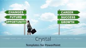  Presentation with crossroads - Slide set enhanced with businesswoman-having-hard-choice-standing background and a light blue colored foreground