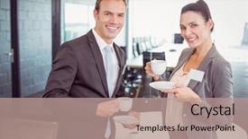  Presentation with tea patti - PPT theme with businesswoman having tea during breaktime background and a coral colored foreground