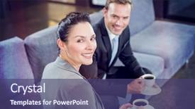  Presentation with tea - Slide deck enhanced with businesswoman having tea during breaktime background and a violet colored foreground