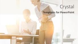  Presentation with helping - Cool new PPT theme with businesswoman-helping-colleague-in-office backdrop and a lemonade colored foreground