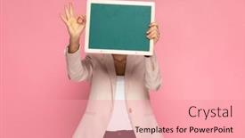  Presentation with pink green - PPT layouts having businesswoman-hiding-behind-a-green background and a coral colored foreground