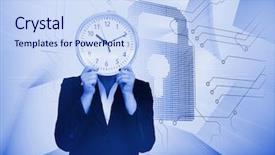  Presentation with clock face - Beautiful PPT theme featuring businesswoman hiding face with clock backdrop and a sky blue colored foreground