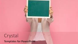  Presentation with pink green - Slide deck enhanced with businesswoman-hiding-her-face-behind background and a coral colored foreground