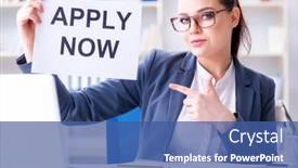  Presentation with new office - Cool new presentation design with businesswoman-hiring-new-employees backdrop and a ocean colored foreground