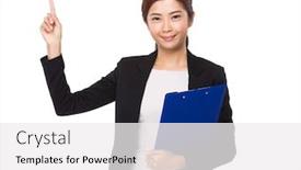  Presentation with finger point - Beautiful slides featuring businesswoman hodling with clipboard and finger point up backdrop and a white colored foreground