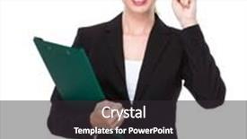  Presentation with finger point - Theme consisting of businesswoman hold clipboard with finger point up background and a dark gray colored foreground