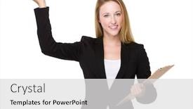  Presentation with hold hand - Slides featuring businesswoman hold with clipboard and open hand palm background and a light gray colored foreground