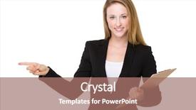  Presentation with finger point - Slide set with businesswoman hold with clipboard and finger point up background and a coral colored foreground