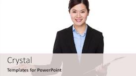  Presentation with finger point - Cool new slide deck with businesswoman hold with clipboard and finger point aside backdrop and a lemonade colored foreground