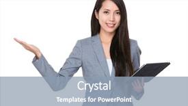  Presentation with hold hand - Beautiful slide deck featuring businesswoman hold with tablet pc and open hand palm backdrop and a light blue colored foreground