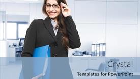  Presentation with binder - Cool new theme with businesswoman-holding-a-document-binder backdrop and a light blue colored foreground