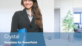  Presentation with binder - Presentation theme with businesswoman-holding-a-document-binder background and a teal colored foreground