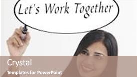  Presentation with writing pen - Amazing PPT theme having businesswoman holding a marker pen writing -let work together backdrop and a coral colored foreground