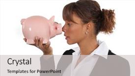  Presentation with pig - Amazing PPT theme having businesswoman holding a pig bank backdrop and a light gray colored foreground