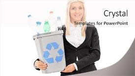  Presentation with recycle glass waste for recycling - Audience pleasing presentation theme consisting of businesswoman holding a recycle bin backdrop and a white colored foreground