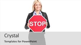  Presentation with road stop sign - Amazing PPT theme having businesswoman holding a traffic sign backdrop and a light gray colored foreground