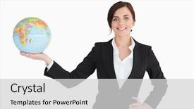  Presentation with globe - Colorful PPT theme enhanced with businesswoman holding an earth globe backdrop and a light gray colored foreground