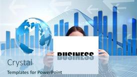  Presentation with blue global - Amazing theme having businesswoman holding card saying business against global business graphic in blue backdrop and a light blue colored foreground