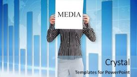  Presentation with blue global - PPT theme with businesswoman holding card saying media against global business graphic in blue background and a light blue colored foreground