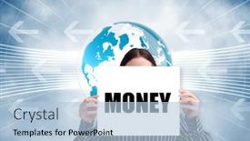  Presentation with blue global - Cool new PPT layouts with businesswoman holding card saying money against global business graphic in blue backdrop and a light blue colored foreground