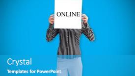  Presentation with saying - PPT theme featuring businesswoman holding card saying online against blue background with vignette background and a teal colored foreground