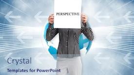  Presentation with blue global - Cool new presentation theme with businesswoman holding card saying perspective against global business graphic in blue backdrop and a light blue colored foreground