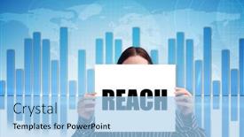  Presentation with blue global - Slides featuring businesswoman holding card saying reach against global business graphic in blue background and a light blue colored foreground