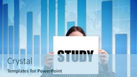  Presentation with blue-global - Presentation theme consisting of businesswoman holding card saying study against global business graphic in blue background and a light blue colored foreground