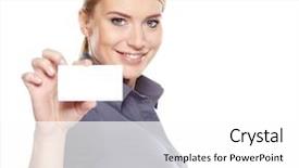  Presentation with credit card - Cool new PPT theme with businesswoman holding credit card isolated backdrop and a white colored foreground