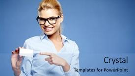  Presentation with cyber credit card crime - Audience pleasing presentation theme consisting of businesswoman holding credit card isolated backdrop and a light blue colored foreground