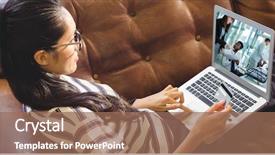  Presentation with video conferencing - Amazing slide deck having businesswoman holding credit card backdrop and a  colored foreground