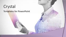  Presentation with shares - Cool new PPT layouts with businesswoman holding digital tablet against stocks and shares 3d backdrop and a white colored foreground