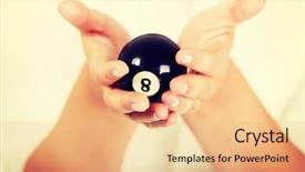  Presentation with billiard - Beautiful PPT theme featuring businesswoman holding eight billiard ball backdrop and a coral colored foreground