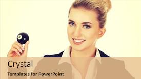  Presentation with eight - Slide deck with businesswoman holding eight billiard ball background and a coral colored foreground