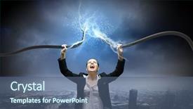  Presentation with electrical cable - Amazing PPT theme having businesswoman holding electrical cable backdrop and a  colored foreground