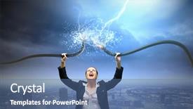  Presentation with electrical cable - Slide set featuring businesswoman holding electrical cable background and a  colored foreground