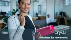  Presentation with exercise mat - Theme having businesswoman-holding-exercise-mat background and a ocean colored foreground