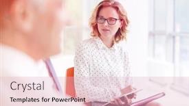  Presentation with new office - Presentation design with businesswoman holding file while sitting with businessman during meeting at new office background and a lemonade colored foreground