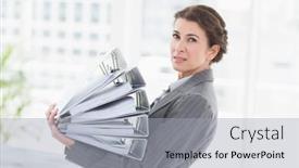  Presentation with files - Beautiful slide deck featuring businesswoman holding files in an office backdrop and a light gray colored foreground