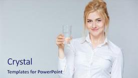  Presentation with water glass - Beautiful presentation theme featuring businesswoman holding glass of water backdrop and a sky blue colored foreground