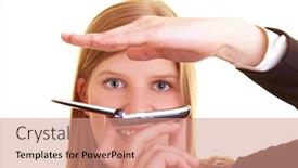  Presentation with hand holding colorful brain sketch - PPT theme consisting of businesswoman-holding-her-hand background and a coral colored foreground