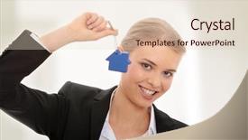 Presentation with house key - PPT layouts featuring businesswoman holding house shaped key background and a  colored foreground