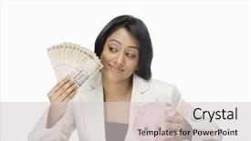  Presentation with piggy bank - Theme having businesswoman holding indian paper currency background and a lemonade colored foreground