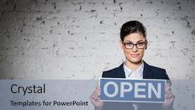  Presentation with vintage interior brick wall - Audience pleasing presentation theme consisting of businesswoman holding open sign placard backdrop and a light blue colored foreground