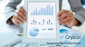  Presentation with corporate financial analysis - Presentation design having businesswoman holding touchpad with analysis background and a light blue colored foreground