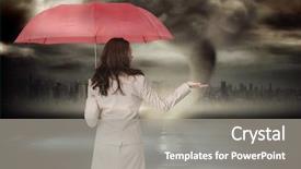  Presentation with tornado - Presentation theme featuring businesswoman holding umbrella against stormy background and a gray colored foreground