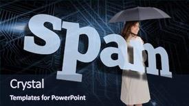  Presentation with spam - Presentation featuring businesswoman holding umbrella behind the word spam against circuit board background and a navy blue colored foreground