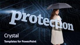  Presentation with umbrella protection - Presentation theme featuring businesswoman holding umbrella behind the word protection against circuit board background and a wine colored foreground